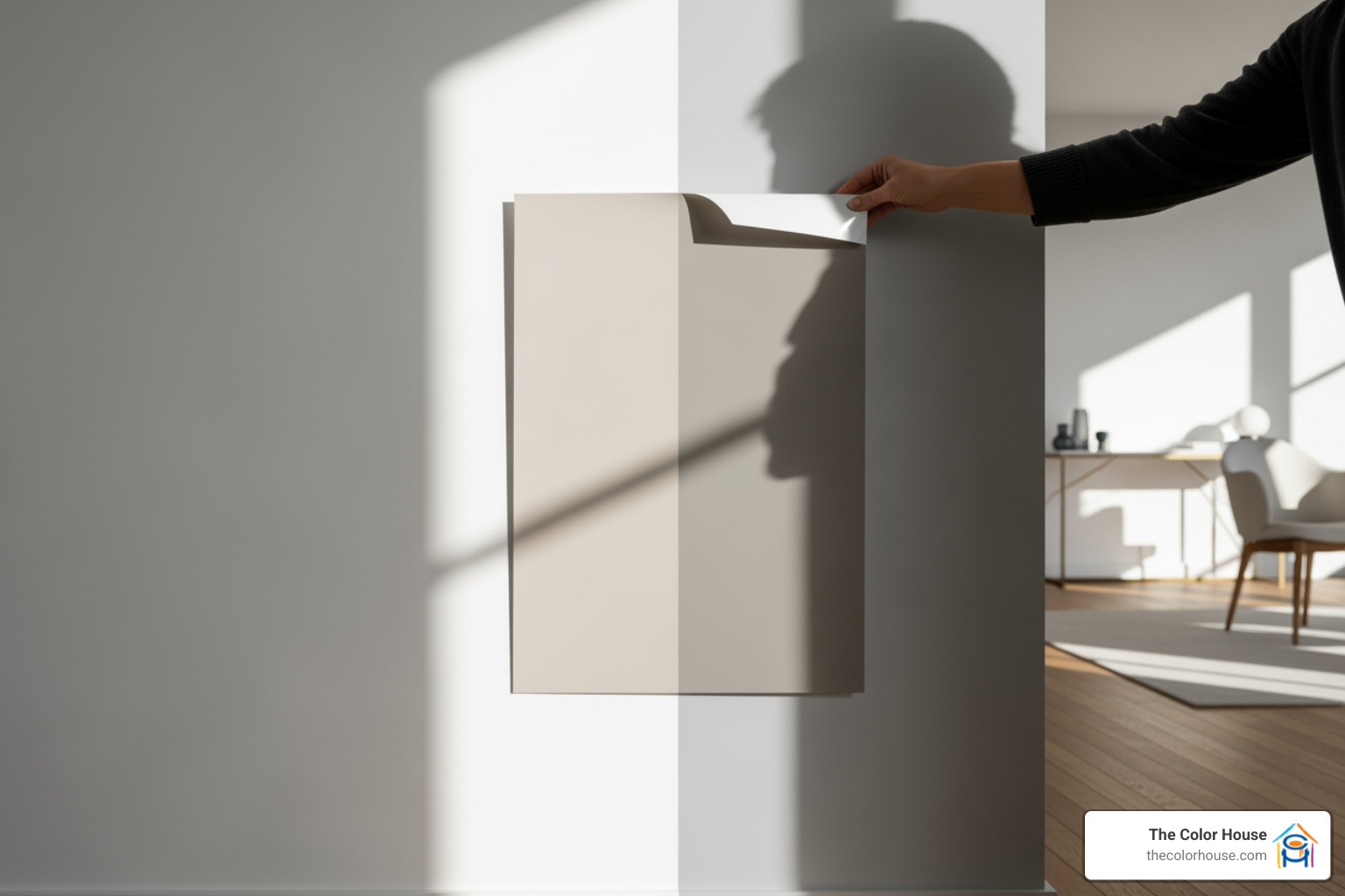 A person moving a large peel and stick sample from a sunny wall to a shady corner - where can i get peel and stick paint samples A person moving a large peel and stick sample from a sunny wall to a shady corner - where can i get peel and stick paint samples