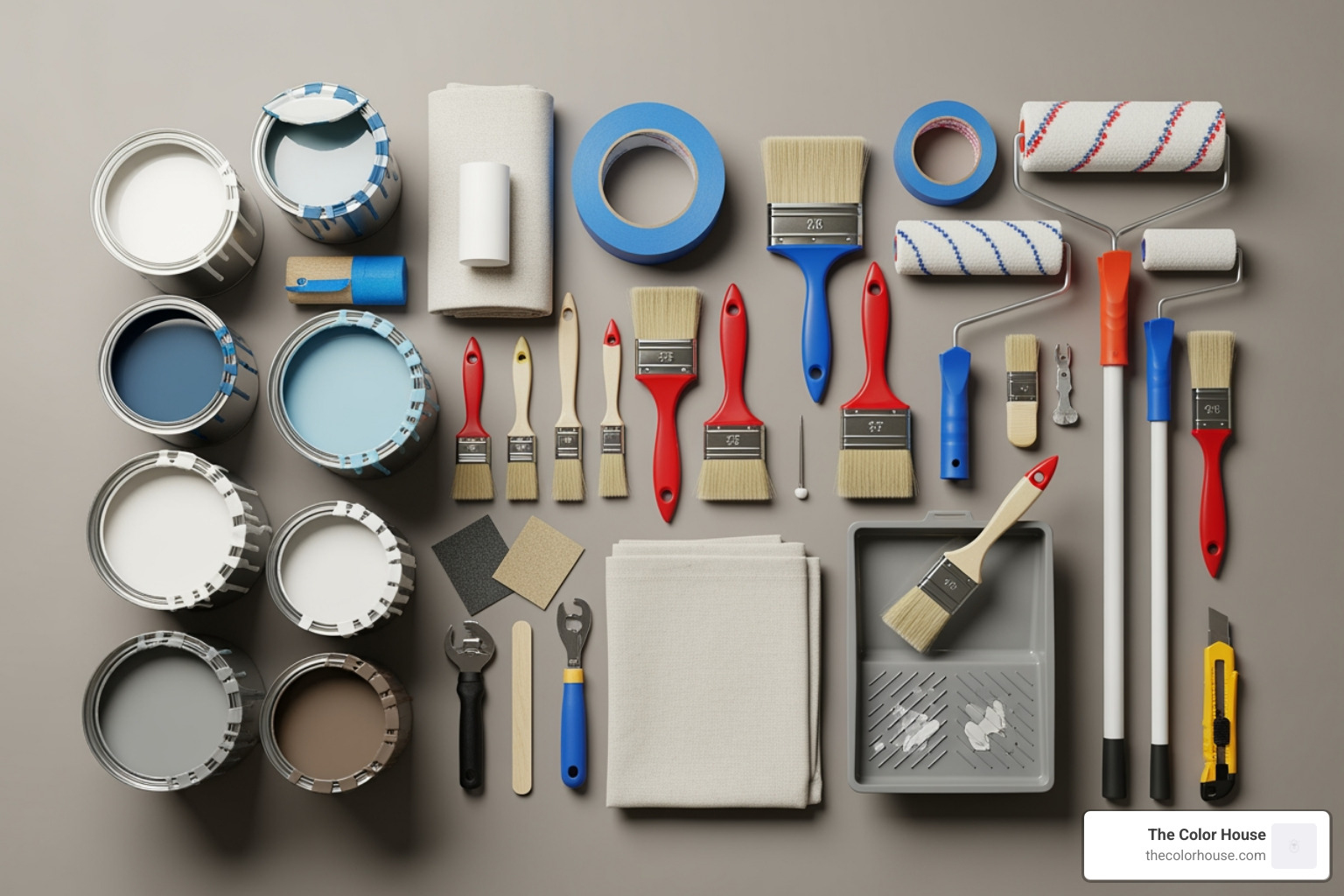 flat lay of painting supplies - paint and hardware shop near me flat lay of painting supplies - paint and hardware shop near me