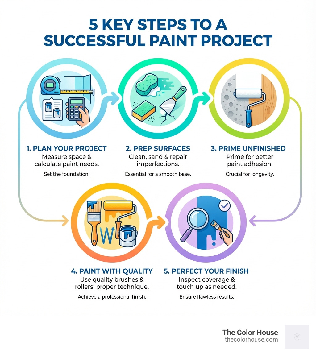 Infographic showing 5 key steps to a successful paint project: 1. Plan your project by measuring space and calculating paint needs, 2. Prep surfaces by cleaning, sanding, and repairing imperfections, 3. Prime unfinished or repaired surfaces for better paint adhesion, 4. Paint using quality brushes and rollers with proper technique, 5. Perfect your finish by inspecting coverage and touching up as needed - paint and hardware shop near me infographic Infographic showing 5 key steps to a successful paint project: 1. Plan your project by measuring space and calculating paint needs, 2. Prep surfaces by cleaning, sanding, and repairing imperfections, 3. Prime unfinished or repaired surfaces for better paint adhesion, 4. Paint using quality brushes and rollers with proper technique, 5. Perfect your finish by inspecting coverage and touching up as needed - paint and hardware shop near me infographic