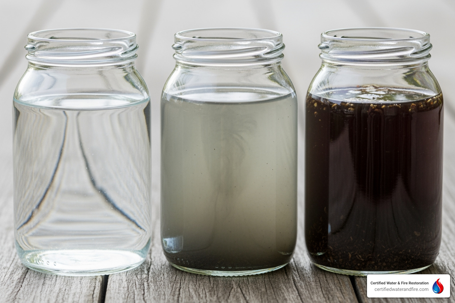 three jars of water, labeled Category 1 (clear), Category 2 (murky), and Category 3 (dark and dirty) - Category 3 water