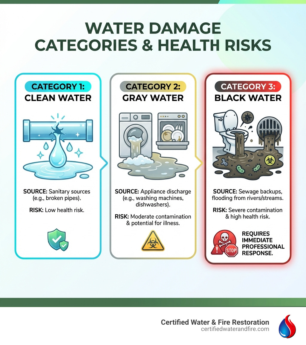 Infographic showing the three categories of water damage: Category 1 Clean Water from sanitary sources like broken pipes with low health risk, Category 2 Gray Water from washing machines and dishwashers with moderate contamination and potential for illness, and Category 3 Black Water from sewage and flooding with severe contamination and high health risk requiring immediate professional response - Category 3 water infographic 