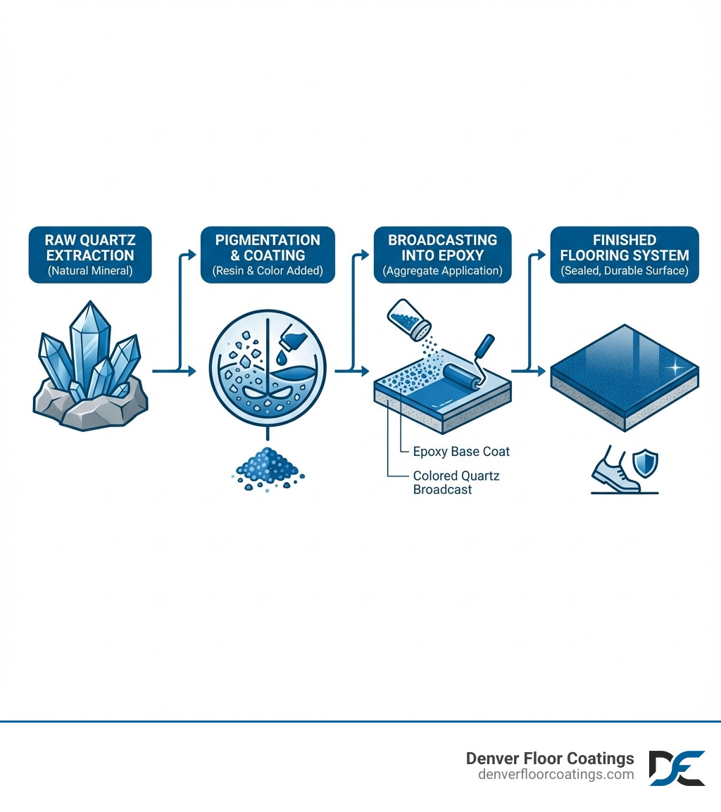 Infographic showing the journey of quartz from raw mineral extraction to colored quartz aggregate production and final installation in a flooring system, including steps for coating with resin, color pigmentation, and broadcasting into epoxy base coat - colored quartz infographic Infographic showing the journey of quartz from raw mineral extraction to colored quartz aggregate production and final installation in a flooring system, including steps for coating with resin, color pigmentation, and broadcasting into epoxy base coat - colored quartz infographic