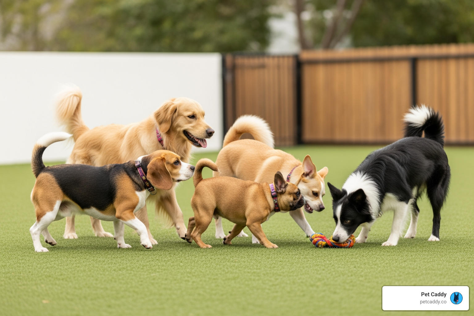 Small, supervised group of dogs playing together - Austin dog care services Small, supervised group of dogs playing together - Austin dog care services