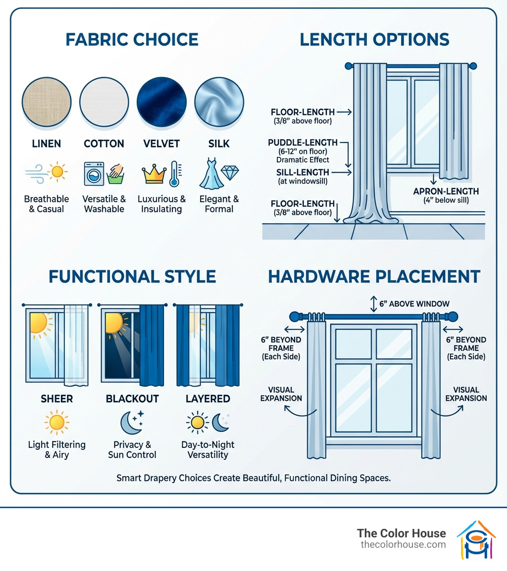 Infographic showing the four key elements of choosing dining room drapery: 1) Fabric Choice - showing swatches of linen, cotton, velvet, and silk with their benefits (linen: breathable and casual, cotton: versatile and washable, velvet: luxurious and insulating, silk: elegant and formal); 2) Length Options - illustrated with windows showing floor-length (3/8" above floor), puddle-length (6-12" on floor), sill-length (at windowsill), and apron-length (4" below sill); 3) Functional Style - depicting sheer curtains for light filtering, blackout panels for privacy and sun control, and layered combinations for day-to-night versatility; 4) Hardware Placement - diagram showing curtain rod mounted 6" above window and extending 6" beyond frame on each side to create visual expansion - dining room drapery infographic 