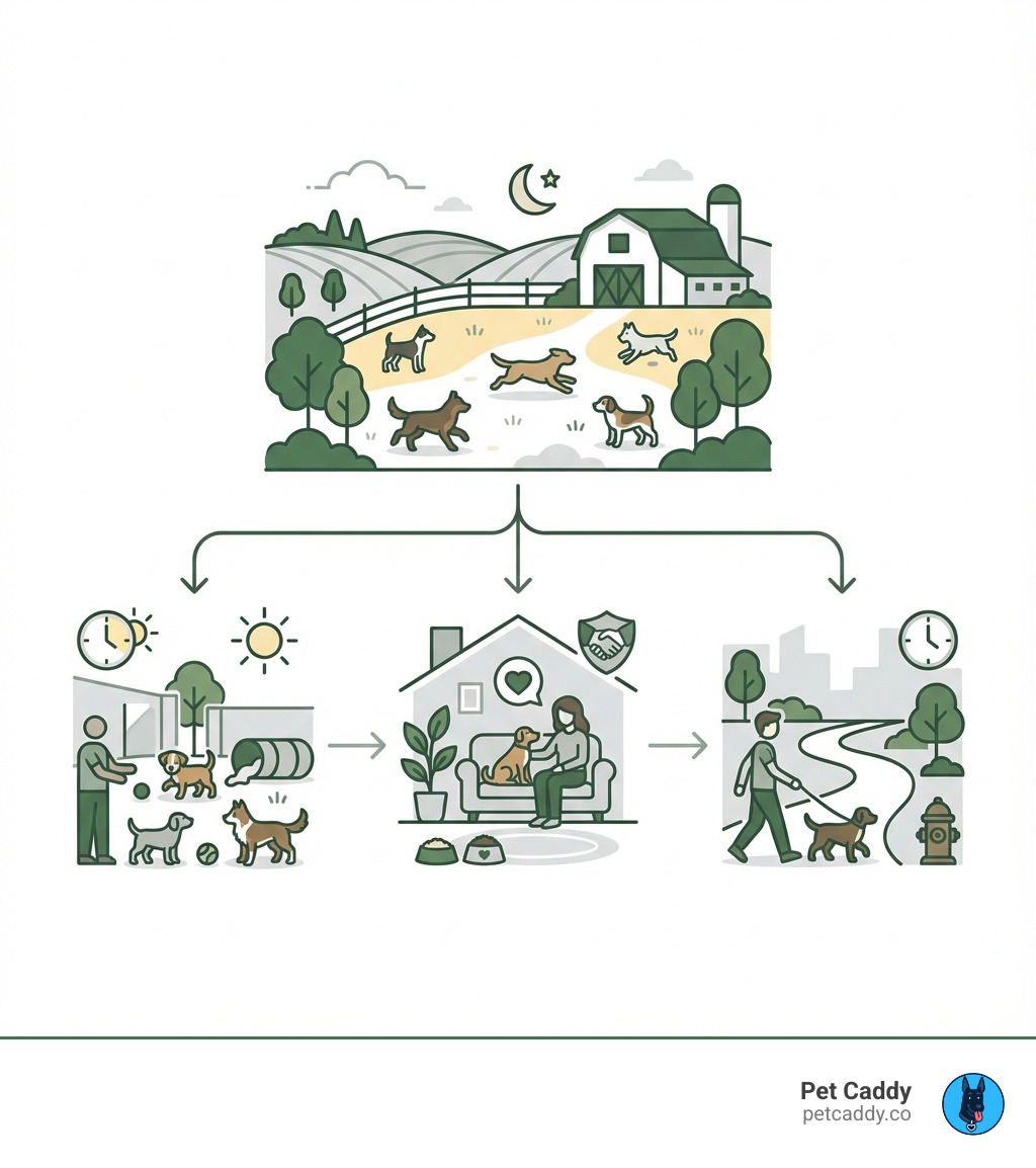 Infographic showing the main types of Austin dog care services: Dog Boarding on a spacious ranch with overnight care and wide-open play areas, Doggy Daycare with small supervised groups and tailored play, In-Home Pet Sitting with trusted local partners for feeding and companionship, and Dog Walking for mid-day exercise and bathroom breaks - Austin dog care services infographic Infographic showing the main types of Austin dog care services: Dog Boarding on a spacious ranch with overnight care and wide-open play areas, Doggy Daycare with small supervised groups and tailored play, In-Home Pet Sitting with trusted local partners for feeding and companionship, and Dog Walking for mid-day exercise and bathroom breaks - Austin dog care services infographic