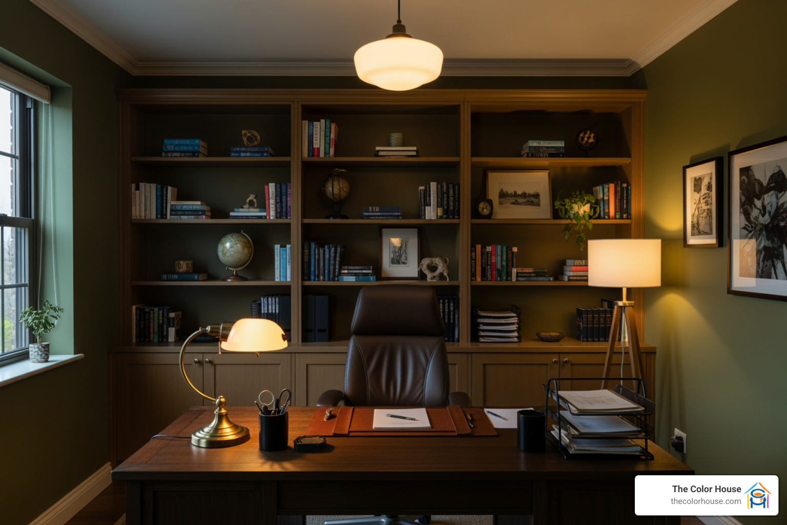 moody home office painted in a deep olive green - olive green color sample