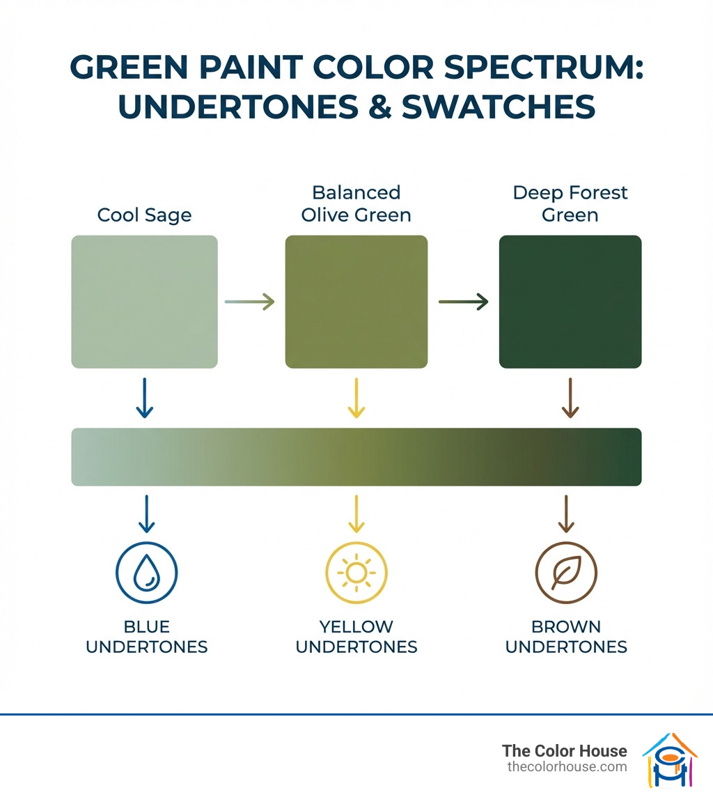 infographic showing the spectrum of green paint colors from cool sage with blue undertones on the left, through balanced olive green with yellow undertones in the center, to deep forest green with brown undertones on the right, with sample swatches and undertone indicators - olive green color sample infographic 