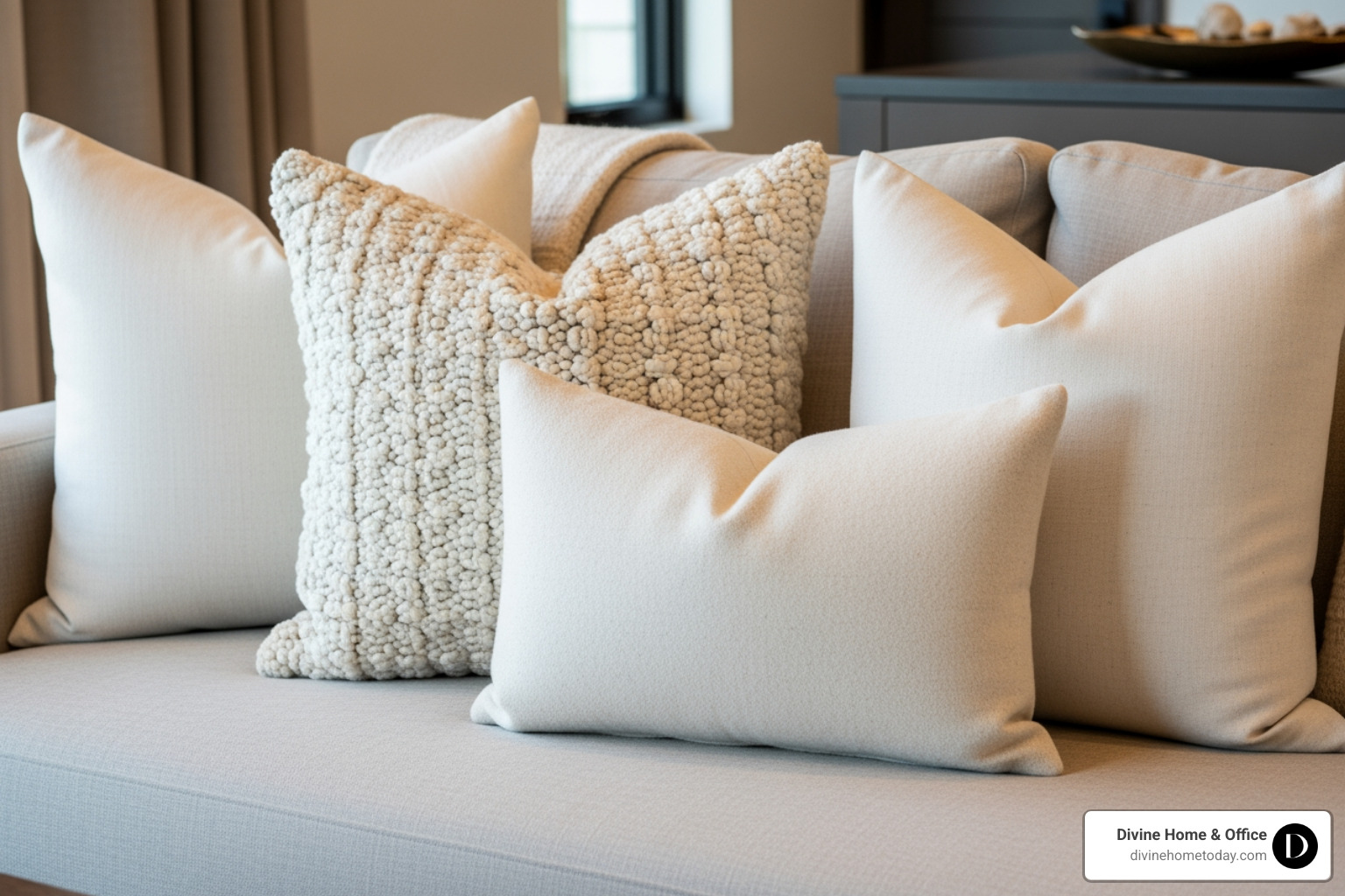 Close-up on a sofa with Cloud Dancer-toned pillows of different materials - Pantone Color Close-up on a sofa with Cloud Dancer-toned pillows of different materials - Pantone Color