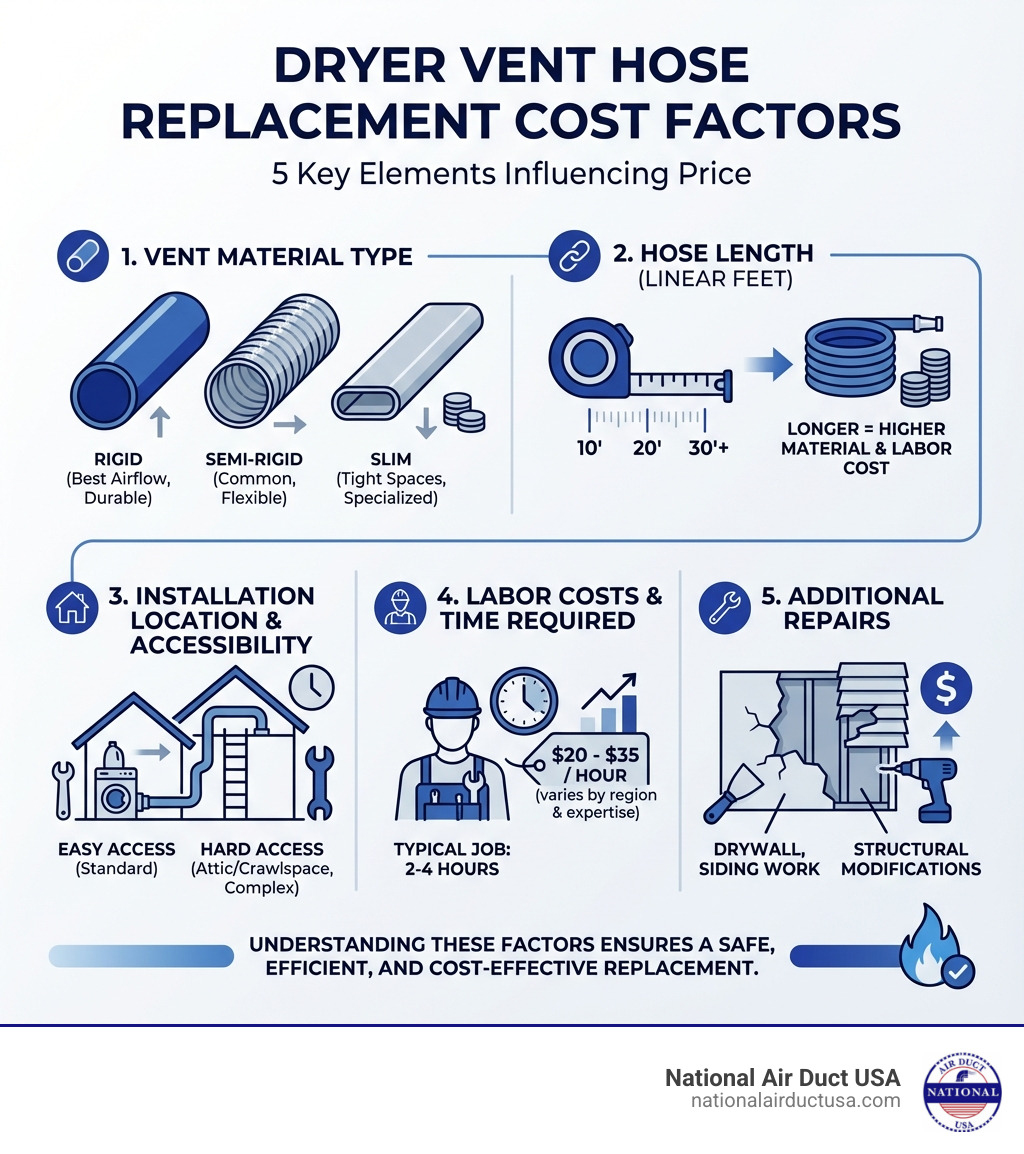 Infographic showing the five key factors that influence dryer vent hose replacement cost: vent material type (rigid vs semi-rigid vs slim), hose length in linear feet, installation location and accessibility, labor costs and time required, and additional repairs like drywall or siding work - cost to replace dryer vent hose infographic 