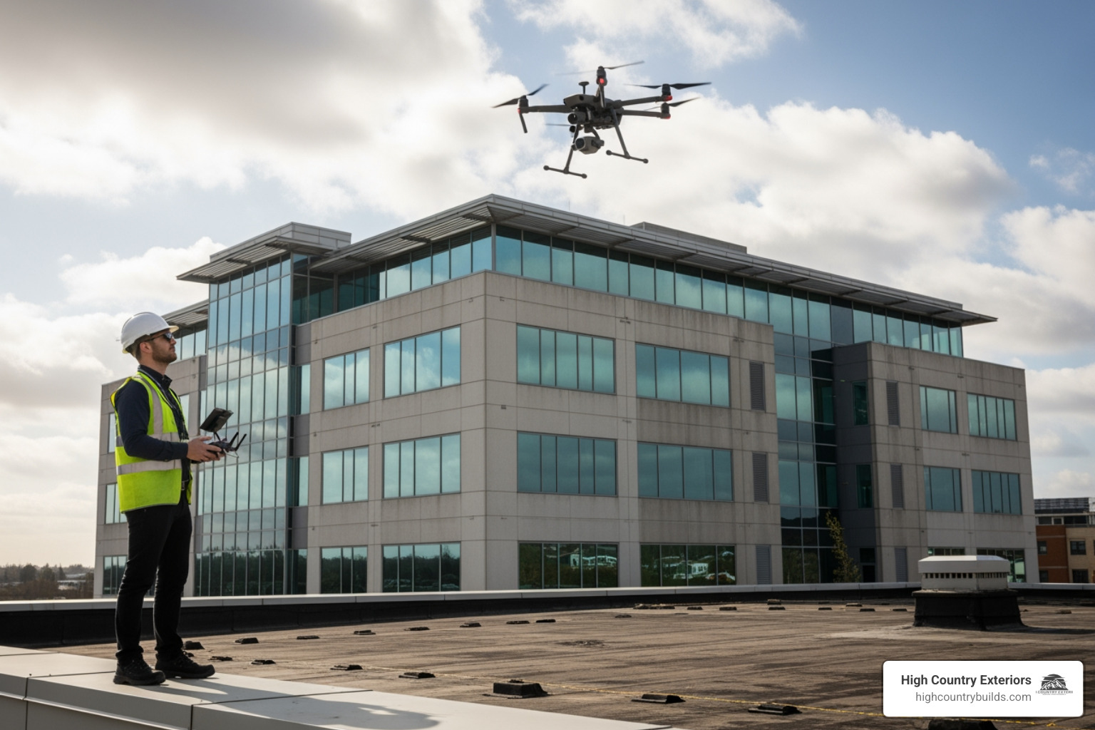 professional conducting commercial roof inspection with drone - Commercial roof repair professional conducting commercial roof inspection with drone - Commercial roof repair
