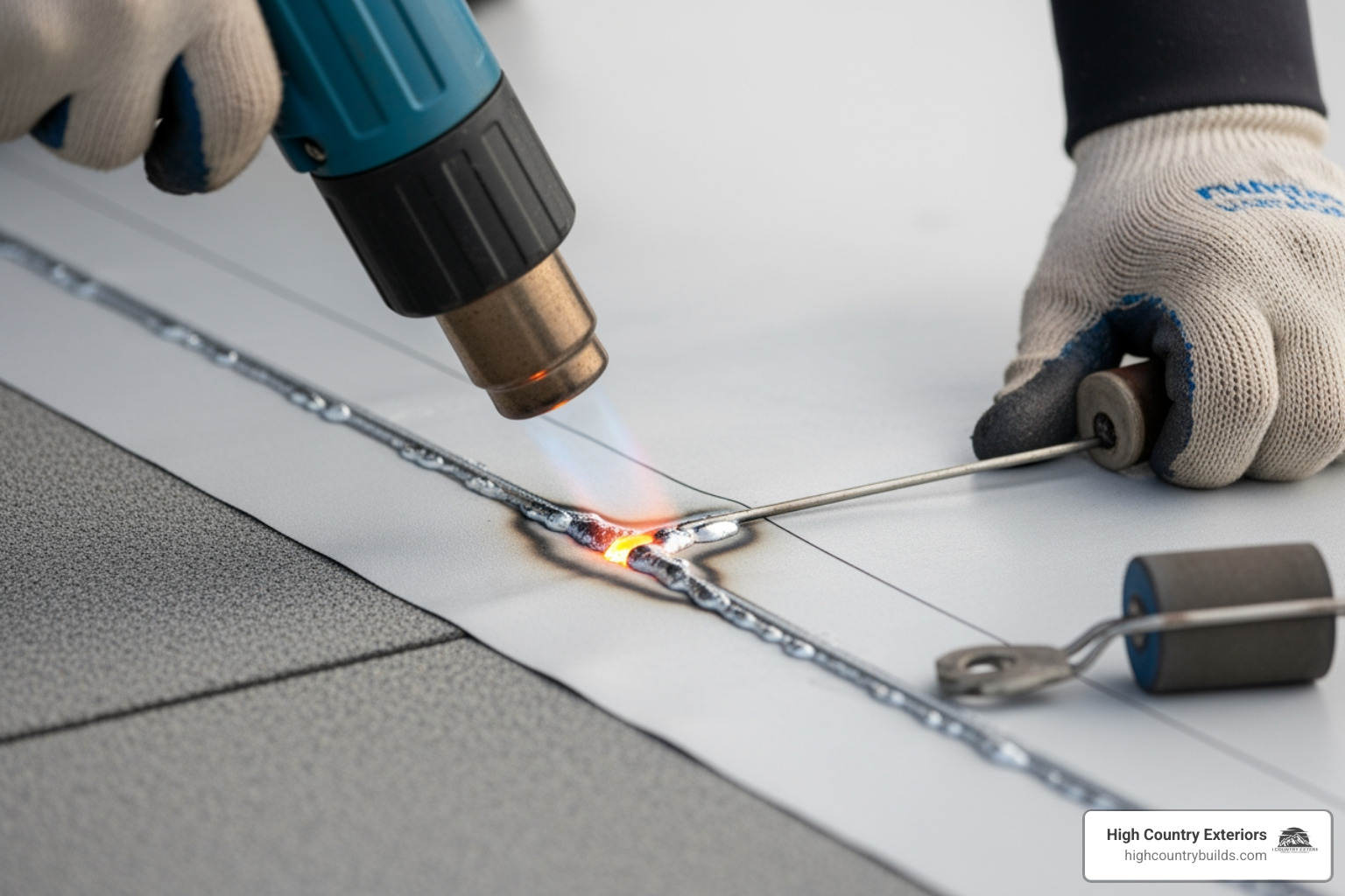 TPO membrane patch being heat-welded onto a roof - Commercial roof repair TPO membrane patch being heat-welded onto a roof - Commercial roof repair