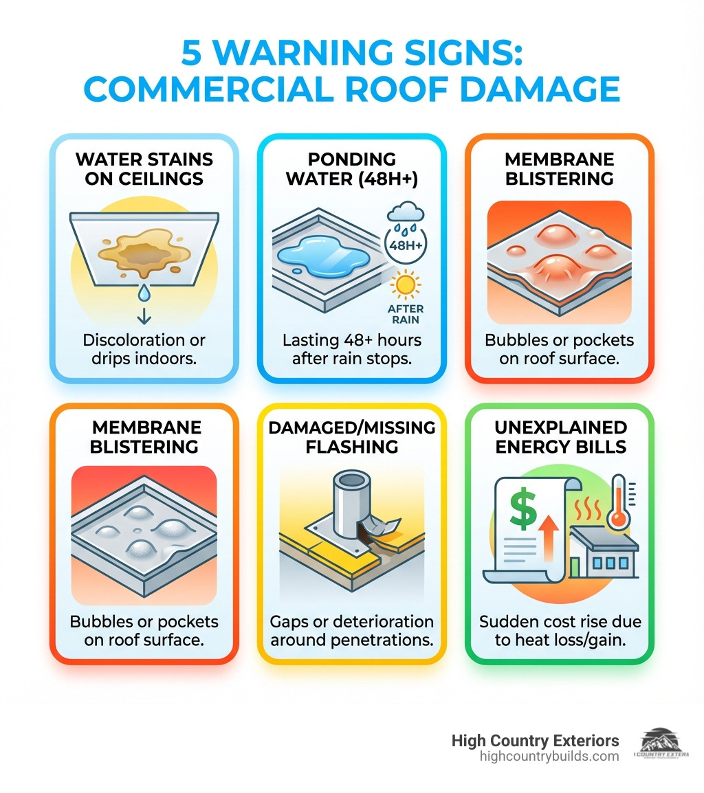 infographic showing five warning signs of commercial roof damage: water stains on ceilings, ponding water lasting more than 48 hours after rain, visible membrane blistering or bubbling, damaged or missing flashing around roof penetrations, and unexplained increases in energy bills - Commercial roof repair infographic infographic showing five warning signs of commercial roof damage: water stains on ceilings, ponding water lasting more than 48 hours after rain, visible membrane blistering or bubbling, damaged or missing flashing around roof penetrations, and unexplained increases in energy bills - Commercial roof repair infographic