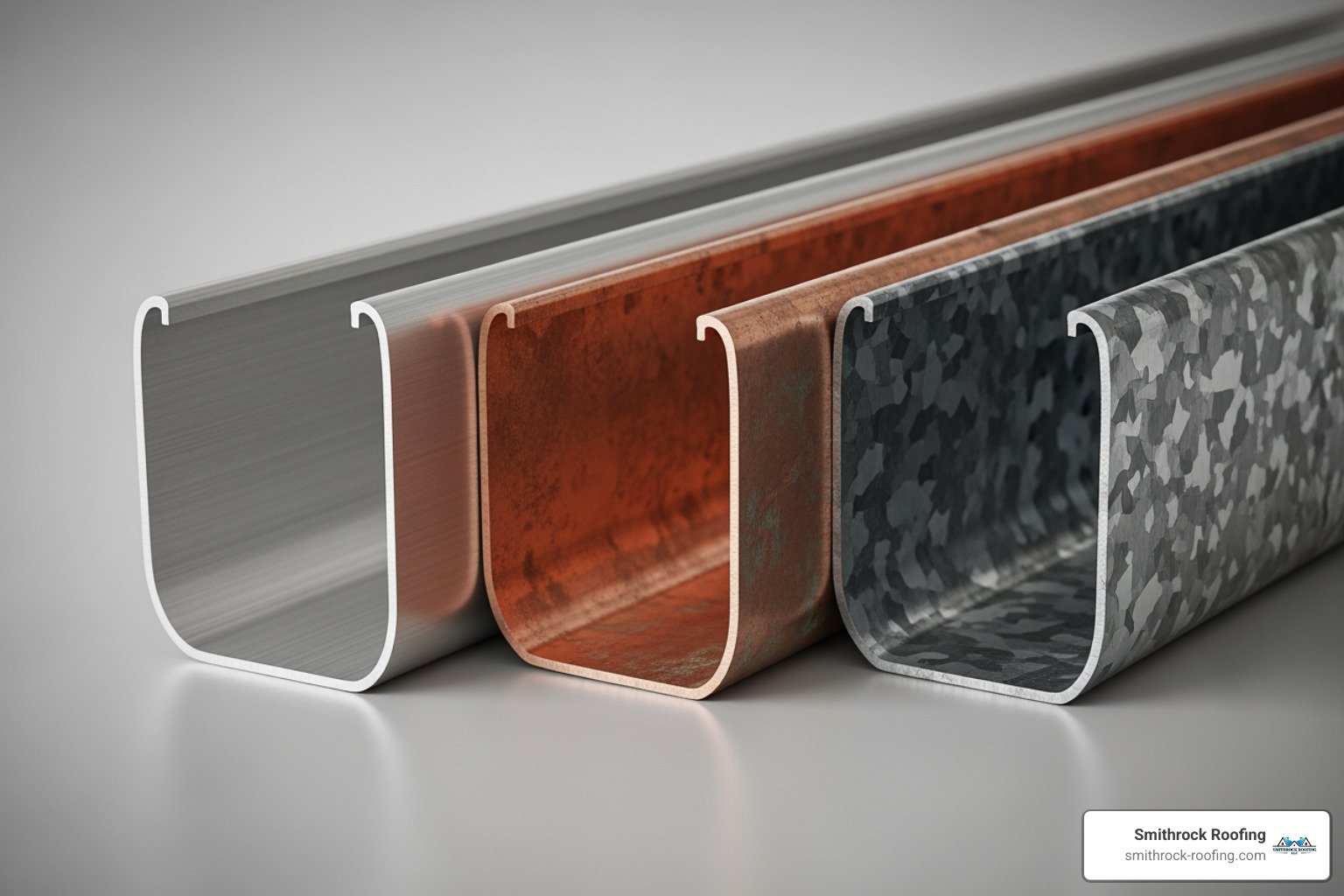Cross-section of different gutter materials like aluminum, copper, and steel - Expert gutter installation