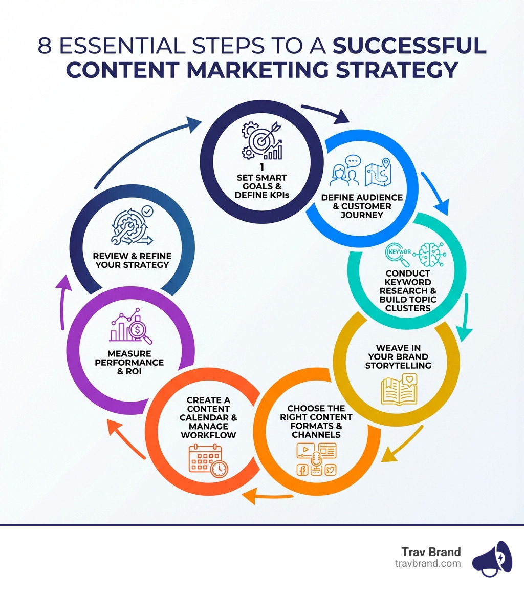 Infographic showing the 8 essential steps to a successful content marketing strategy: 1. Set SMART Goals and Define KPIs, 2. Define Your Audience and Customer Journey, 3. Conduct Keyword Research and Build Topic Clusters, 4. Weave in Your Brand Storytelling, 5. Choose the Right Content Formats and Channels, 6. Create a Content Calendar and Manage Workflow, 7. Measure Performance and ROI, 8. Review and Refine Your Strategy - strategic marketing content infographic 