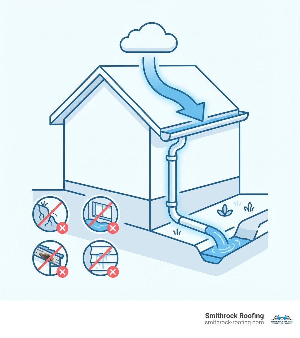 Infographic showing how rainwater flows from roof through properly pitched gutters to downspouts, being directed away from foundation and landscaping, and preventing soil erosion, basement flooding, fascia rot, and siding damage through correct water management - Expert gutter installation infographic 