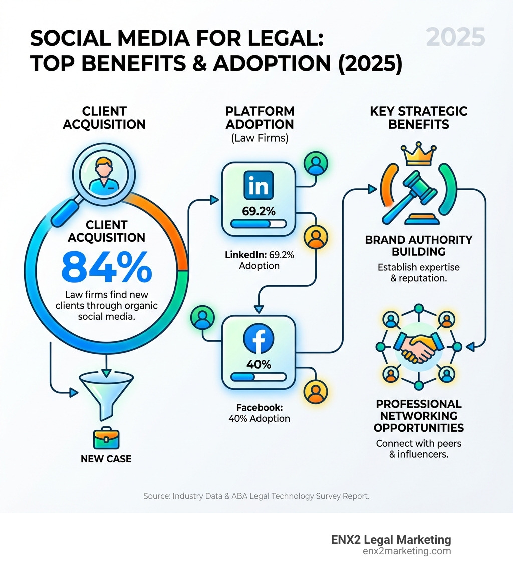 infographic showing top benefits of social media for lawyers including 84% finding new clients through social media, platform breakdown with LinkedIn at 69.2% adoption, Facebook at 40%, and key benefits of client acquisition, brand authority building, and professional networking opportunities - social media for legal infographic infographic showing top benefits of social media for lawyers including 84% finding new clients through social media, platform breakdown with LinkedIn at 69.2% adoption, Facebook at 40%, and key benefits of client acquisition, brand authority building, and professional networking opportunities - social media for legal infographic