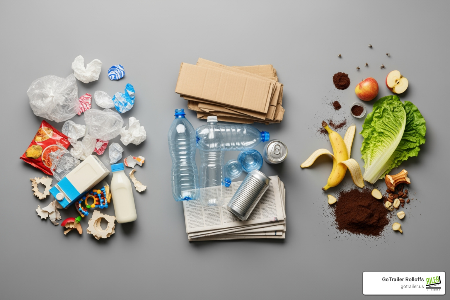 different types of waste separated into piles (general, recycling, food) - business bin collection cost different types of waste separated into piles (general, recycling, food) - business bin collection cost