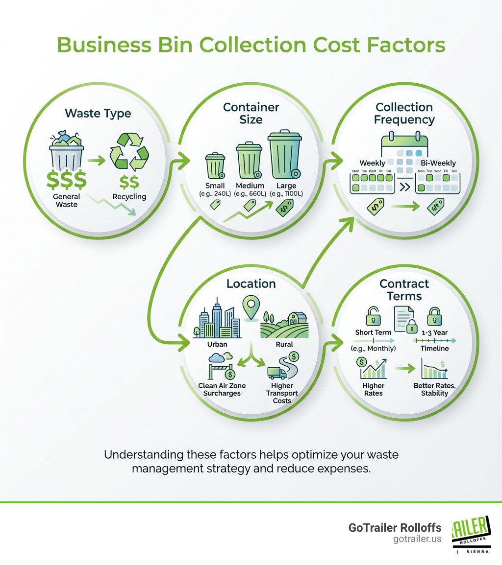 infographic showing five circles connected by arrows: "Waste Type" (with dollar signs showing general waste costs more than recycling), "Container Size" (showing bins from small to large), "Collection Frequency" (calendar icon with weekly vs bi-weekly), "Location" (map pin with urban/rural indicators), and "Contract Terms" (document icon with 1-3 year timeline) - business bin collection cost infographic infographic showing five circles connected by arrows: "Waste Type" (with dollar signs showing general waste costs more than recycling), "Container Size" (showing bins from small to large), "Collection Frequency" (calendar icon with weekly vs bi-weekly), "Location" (map pin with urban/rural indicators), and "Contract Terms" (document icon with 1-3 year timeline) - business bin collection cost infographic