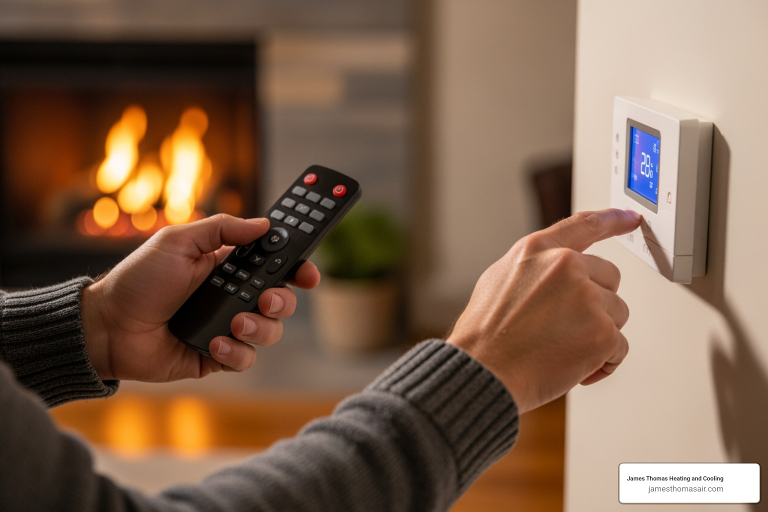 homeowner checking a thermostat and a fireplace remote - gas log fireplace repair homeowner checking a thermostat and a fireplace remote - gas log fireplace repair