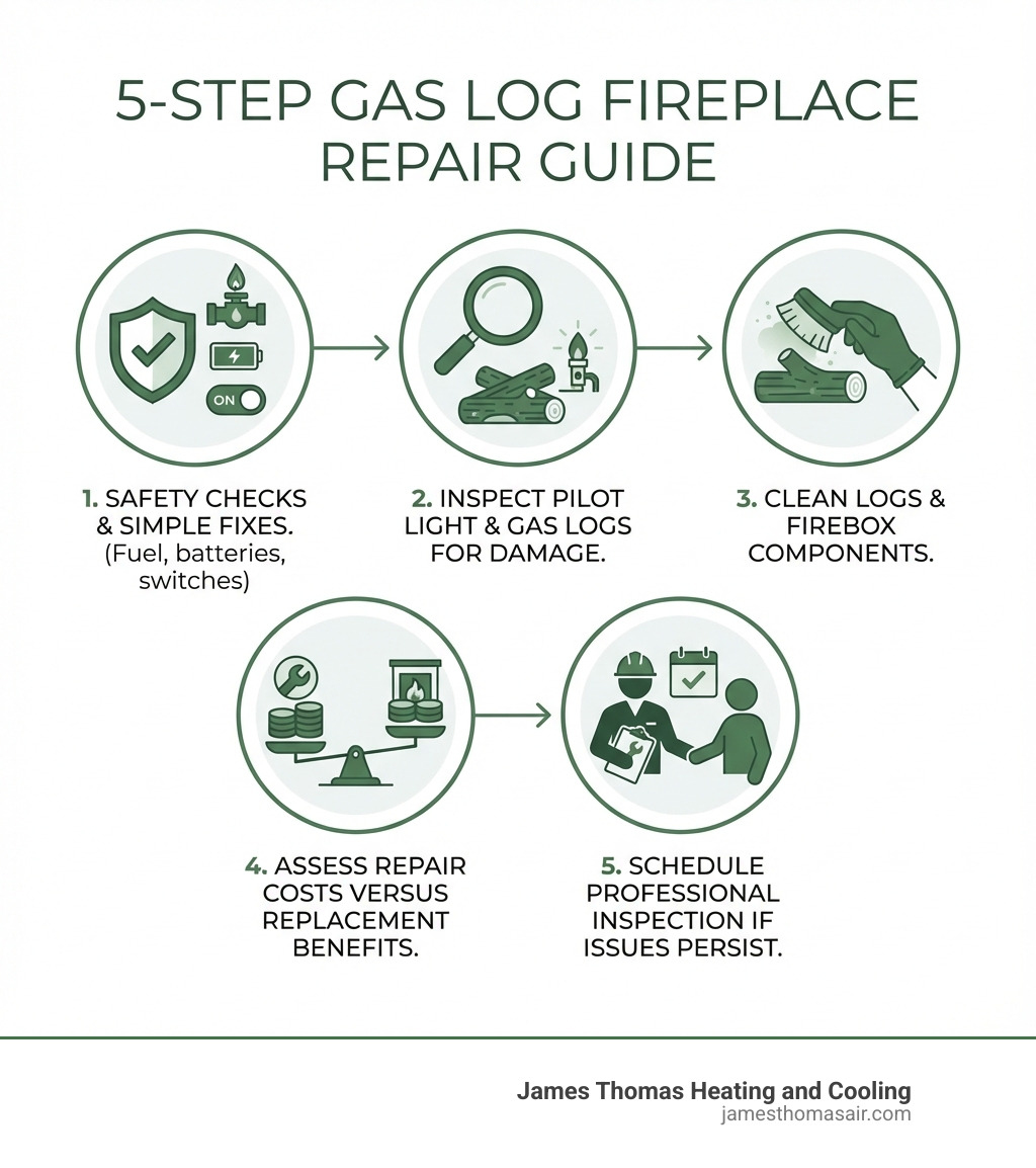 infographic showing the 5 steps for gas log fireplace repair: Step 1 - Safety checks and simple fixes (fuel, batteries, switches), Step 2 - Inspect pilot light and gas logs for damage, Step 3 - Clean logs and firebox components, Step 4 - Assess repair costs versus replacement benefits, Step 5 - Schedule professional inspection if issues persist - gas log fireplace repair infographic infographic showing the 5 steps for gas log fireplace repair: Step 1 - Safety checks and simple fixes (fuel, batteries, switches), Step 2 - Inspect pilot light and gas logs for damage, Step 3 - Clean logs and firebox components, Step 4 - Assess repair costs versus replacement benefits, Step 5 - Schedule professional inspection if issues persist - gas log fireplace repair infographic