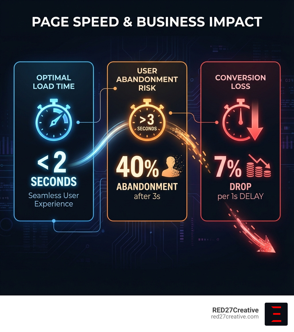 Infographic showing the relationship between page load time, user abandonment rates, and conversion impact, with key metrics: 40% abandonment after 3 seconds, 7% conversion drop per 1-second delay, and optimal load time under 2 seconds - High performance web development infographic Infographic showing the relationship between page load time, user abandonment rates, and conversion impact, with key metrics: 40% abandonment after 3 seconds, 7% conversion drop per 1-second delay, and optimal load time under 2 seconds - High performance web development infographic