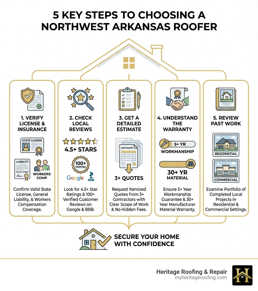 Infographic showing 5 key steps to choosing a roofer: 1. Verify License & Insurance - confirm contractor has valid state license, general liability insurance, and workers compensation coverage. 2. Check Local Reviews - look for 4.5+ star ratings with at least 100 verified customer reviews on Google and BBB. 3. Get a Detailed Estimate - request itemized quotes from 3+ contractors with clear scope of work and no hidden fees. 4. Understand the Warranty - ensure 5+ year workmanship guarantee and 30+ year manufacturer material warranty. 5. Review Past Work - examine portfolio of completed local projects in both residential and commercial settings - northwest arkansas roofing infographic Infographic showing 5 key steps to choosing a roofer: 1. Verify License & Insurance - confirm contractor has valid state license, general liability insurance, and workers compensation coverage. 2. Check Local Reviews - look for 4.5+ star ratings with at least 100 verified customer reviews on Google and BBB. 3. Get a Detailed Estimate - request itemized quotes from 3+ contractors with clear scope of work and no hidden fees. 4. Understand the Warranty - ensure 5+ year workmanship guarantee and 30+ year manufacturer material warranty. 5. Review Past Work - examine portfolio of completed local projects in both residential and commercial settings - northwest arkansas roofing infographic