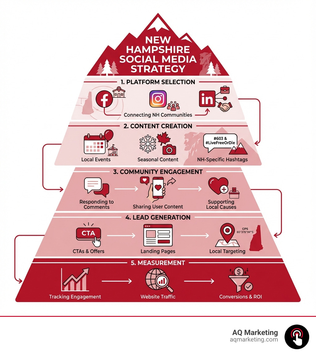 Infographic showing a pyramid structure with "New Hampshire Social Media Strategy" at the top, followed by layers representing: 1) Platform Selection (Facebook, Instagram, LinkedIn icons for NH communities), 2) Content Creation (showing local events, seasonal content, and NH-specific hashtags like #603 and #LiveFreeOrDie), 3) Community Engagement (responding to comments, sharing user content, supporting local causes), 4) Lead Generation (CTAs, landing pages, local targeting), and 5) Measurement (tracking engagement, website traffic, and conversions). Include small icons representing NH landmarks like mountains and the Old Man of the Mountain silhouette. - social media NH infographic 