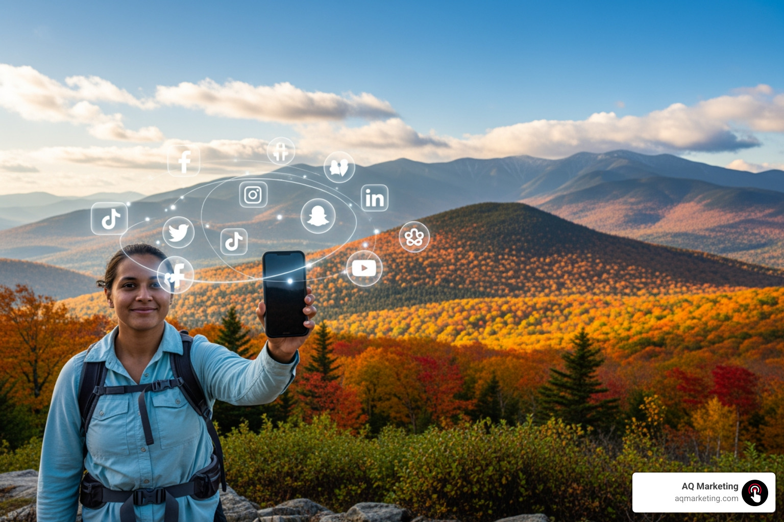 Image of a person on a phone with various social media app logos floating around them, with a New Hampshire backdrop. - social media NH
