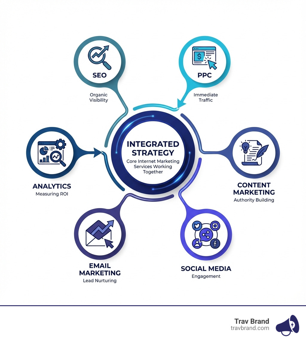 Infographic showing the core components of internet marketing services: SEO for organic visibility, PPC for immediate traffic, Content Marketing for authority building, Social Media for engagement, Email Marketing for lead nurturing, and Analytics for measuring ROI—all working together in an integrated strategy - internet marketing services infographic 