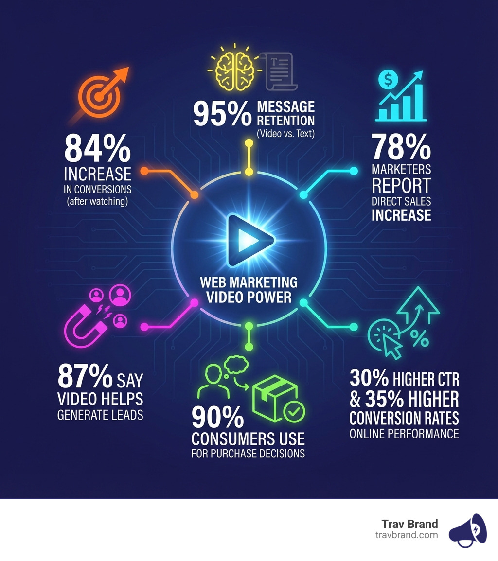 Infographic showing key web marketing video statistics: 84% increase in conversions after watching video, 95% message retention from video vs text, 78% of marketers report direct sales increases, 87% say video helps generate leads, 90% of consumers use video for purchase decisions, 30% higher click-through rates, and 35% higher conversion rates online - web marketing video infographic Infographic showing key web marketing video statistics: 84% increase in conversions after watching video, 95% message retention from video vs text, 78% of marketers report direct sales increases, 87% say video helps generate leads, 90% of consumers use video for purchase decisions, 30% higher click-through rates, and 35% higher conversion rates online - web marketing video infographic