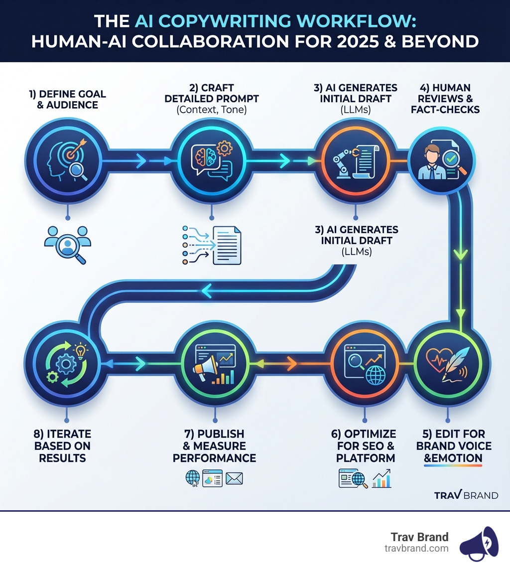 Infographic showing the AI copywriting workflow: 1) Define your goal and audience 2) Craft a detailed prompt with context and tone 3) AI generates initial draft using LLMs 4) Human reviews and fact-checks output 5) Edit for brand voice and emotion 6) Optimize for SEO and platform 7) Publish and measure performance 8) Iterate based on results - ai copy infographic Infographic showing the AI copywriting workflow: 1) Define your goal and audience 2) Craft a detailed prompt with context and tone 3) AI generates initial draft using LLMs 4) Human reviews and fact-checks output 5) Edit for brand voice and emotion 6) Optimize for SEO and platform 7) Publish and measure performance 8) Iterate based on results - ai copy infographic
