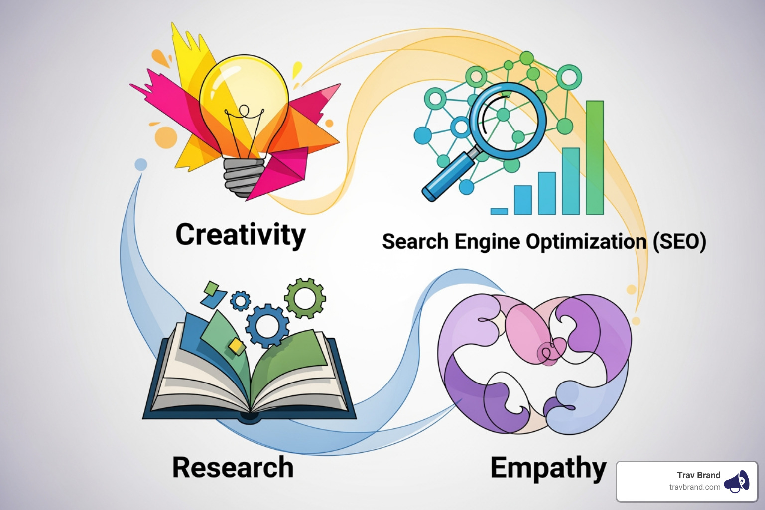mind map showing copywriting skills like creativity, SEO, research, and empathy - marketing copy writer