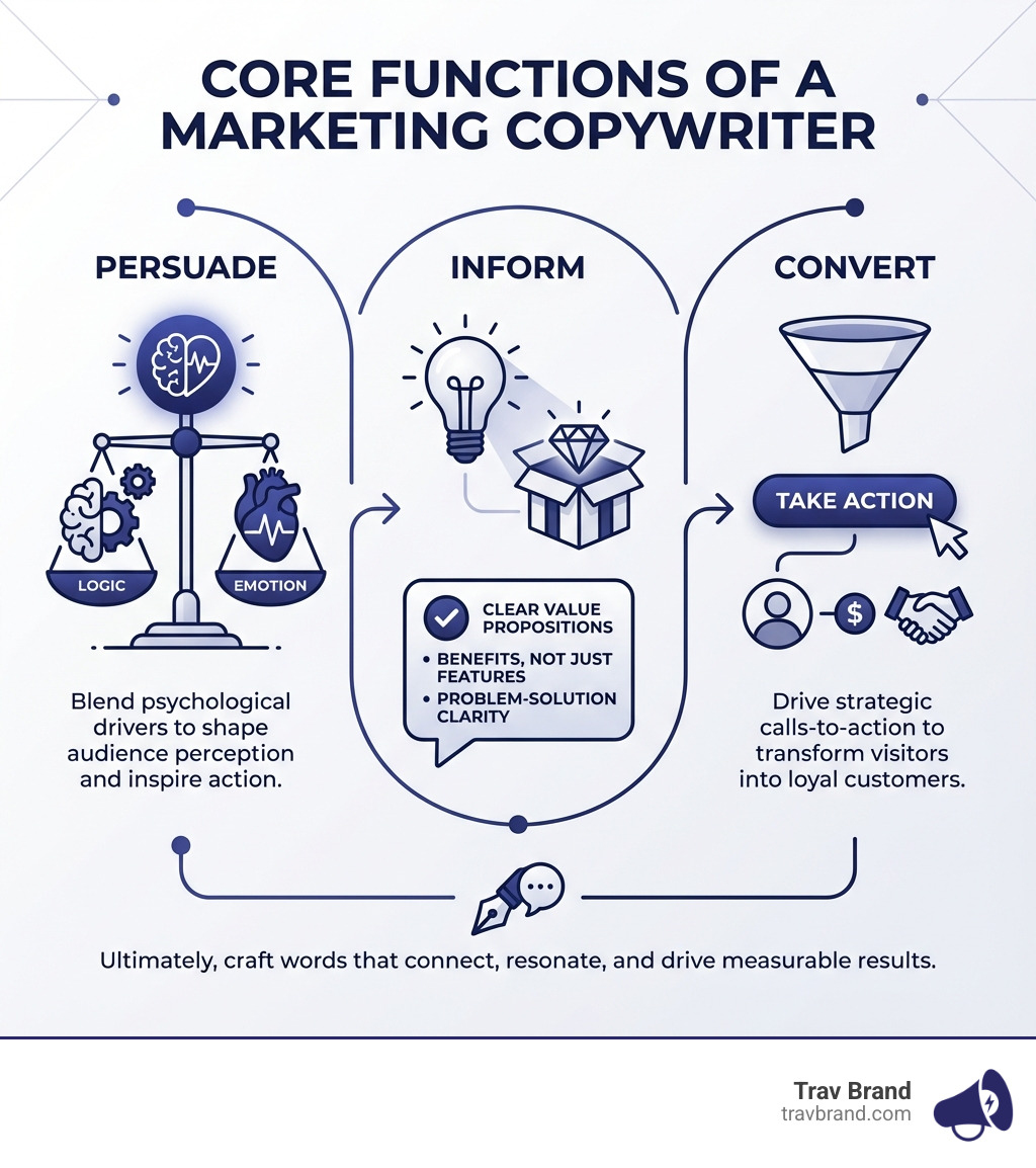 infographic showing the core functions of a marketing copywriter: Persuade through emotion and logic, Inform with clear value propositions, and Convert visitors into customers through strategic calls-to-action - marketing copy writer infographic 