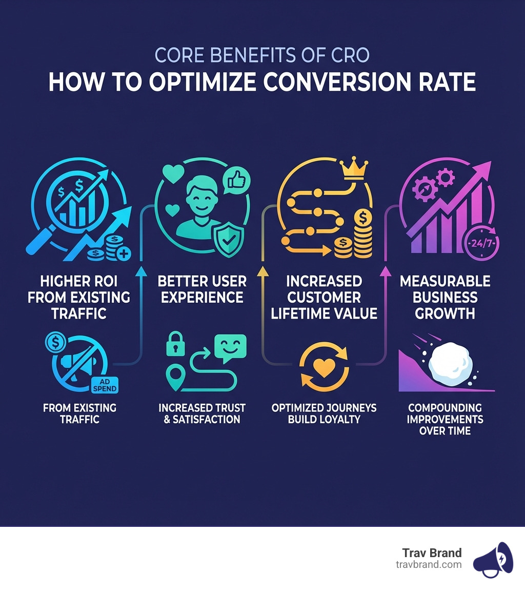Infographic showing the core benefits of CRO: Higher ROI from existing traffic without increased ad spend, Better User Experience leading to increased trust and customer satisfaction, Increased Customer Lifetime Value through optimized journeys that build loyalty, Measurable Business Growth with compounding improvements over time - how to optimize conversion rate infographic Infographic showing the core benefits of CRO: Higher ROI from existing traffic without increased ad spend, Better User Experience leading to increased trust and customer satisfaction, Increased Customer Lifetime Value through optimized journeys that build loyalty, Measurable Business Growth with compounding improvements over time - how to optimize conversion rate infographic