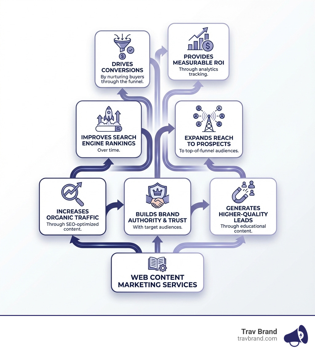 Infographic showing the core benefits of web content marketing services: increases organic traffic through SEO-optimized content, builds brand authority and trust with target audiences, generates higher-quality leads through educational content, improves search engine rankings over time, expands reach to top-of-funnel prospects, drives conversions by nurturing buyers through the sales funnel, and provides measurable ROI through analytics tracking - web content marketing services infographic 