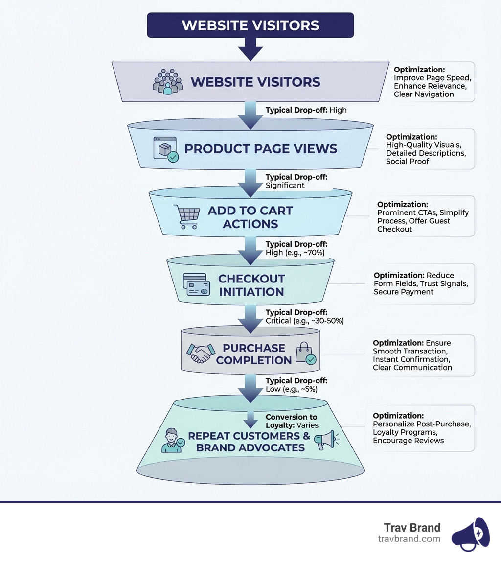 Infographic showing the e-commerce conversion funnel: starting with website visitors at the top, narrowing through stages of product page views, add to cart actions, checkout initiation, and purchase completion, ending with repeat customers and brand advocates at the bottom. Each stage shows typical drop-off percentages and key optimization opportunities. - ecommerce conversion best practices infographic Infographic showing the e-commerce conversion funnel: starting with website visitors at the top, narrowing through stages of product page views, add to cart actions, checkout initiation, and purchase completion, ending with repeat customers and brand advocates at the bottom. Each stage shows typical drop-off percentages and key optimization opportunities. - ecommerce conversion best practices infographic