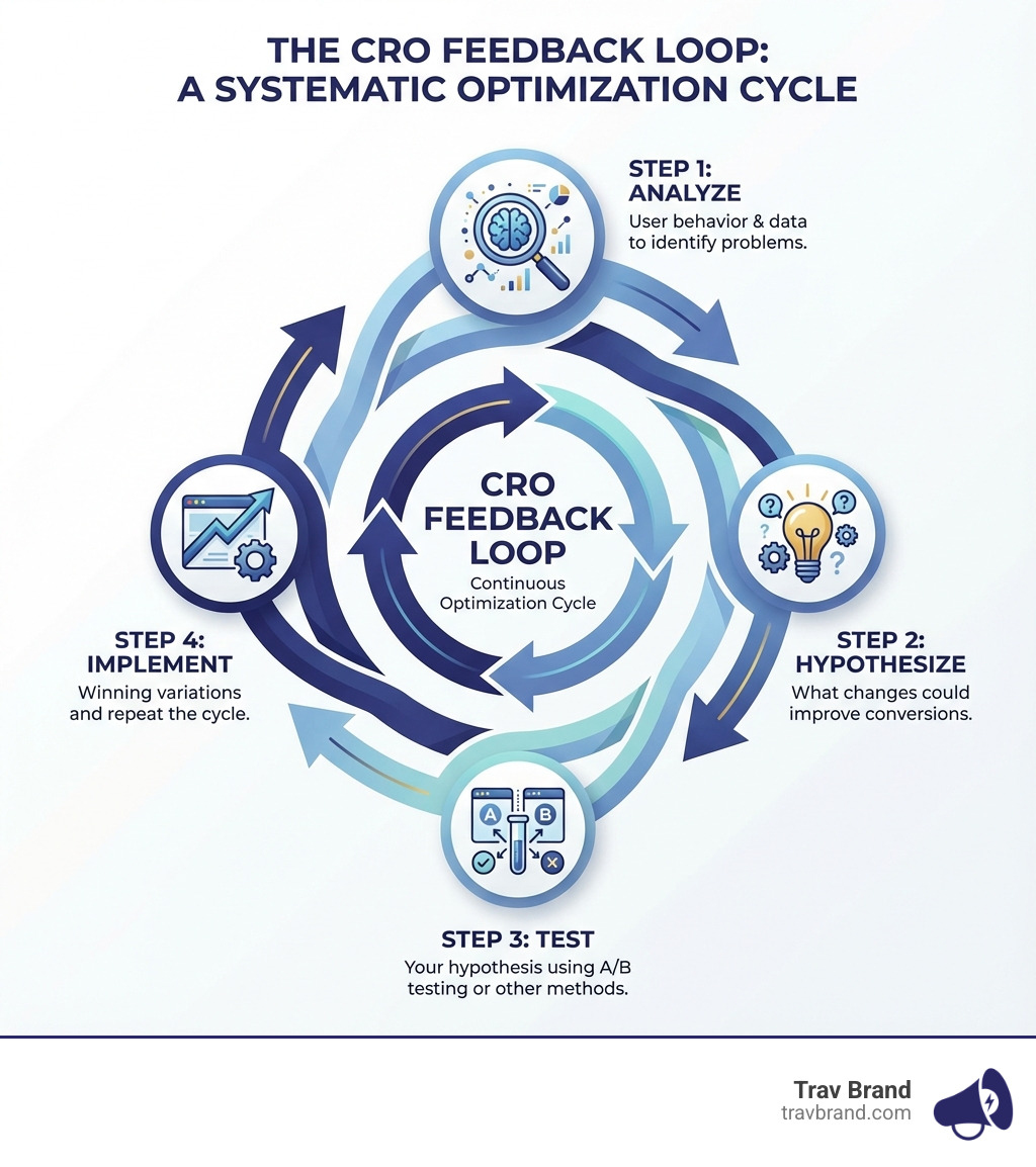 Infographic showing the CRO feedback loop: Step 1 - Analyze user behavior and data to identify problems, Step 2 - Hypothesize what changes could improve conversions, Step 3 - Test your hypothesis using A/B testing or other methods, Step 4 - Implement winning variations and repeat the cycle - conversion optimization best practices infographic Infographic showing the CRO feedback loop: Step 1 - Analyze user behavior and data to identify problems, Step 2 - Hypothesize what changes could improve conversions, Step 3 - Test your hypothesis using A/B testing or other methods, Step 4 - Implement winning variations and repeat the cycle - conversion optimization best practices infographic