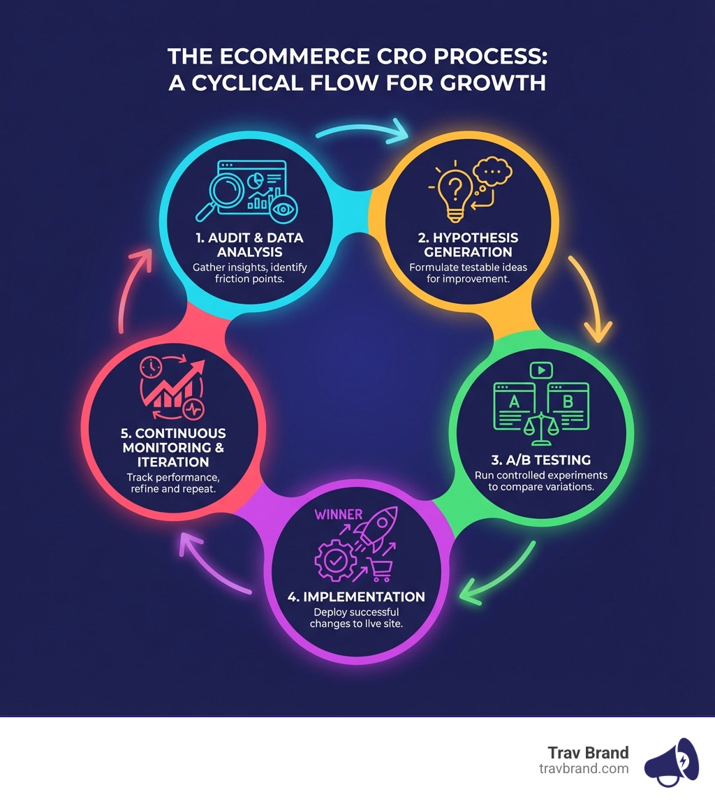 infographic showing the CRO process: starting with audit and data analysis, moving through hypothesis generation, A/B testing, implementation of winning variations, and continuous monitoring and iteration in a cyclical flow - ecommerce conversion rate optimisation companies infographic infographic showing the CRO process: starting with audit and data analysis, moving through hypothesis generation, A/B testing, implementation of winning variations, and continuous monitoring and iteration in a cyclical flow - ecommerce conversion rate optimisation companies infographic