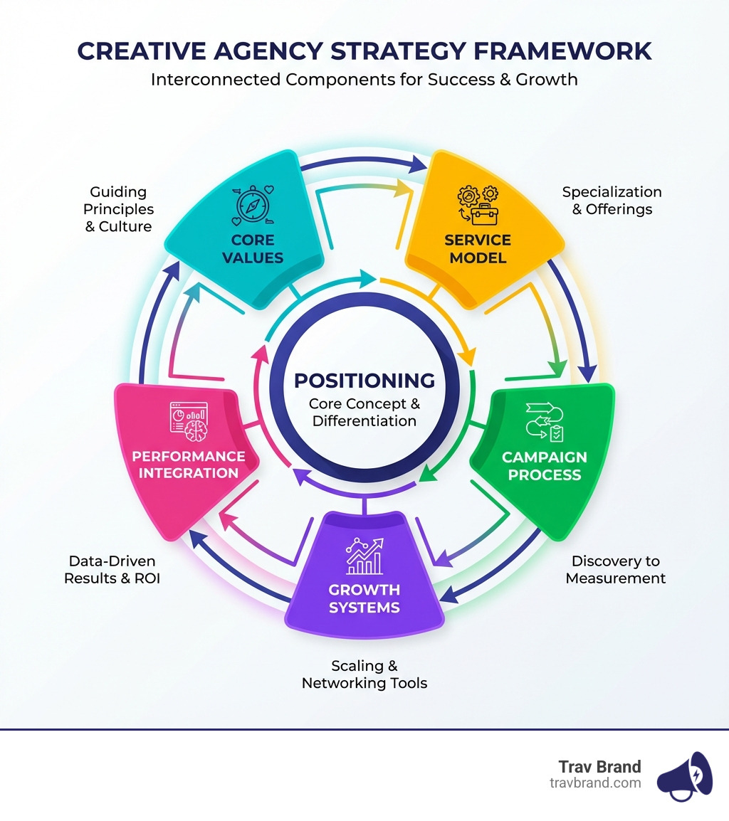 Creative Agency Strategy Framework infographic showing the interconnected components: positioning at the center, surrounded by core values, service model, campaign process, growth systems, and performance integration, with arrows indicating how each element supports the others - creative agency strategy infographic Creative Agency Strategy Framework infographic showing the interconnected components: positioning at the center, surrounded by core values, service model, campaign process, growth systems, and performance integration, with arrows indicating how each element supports the others - creative agency strategy infographic