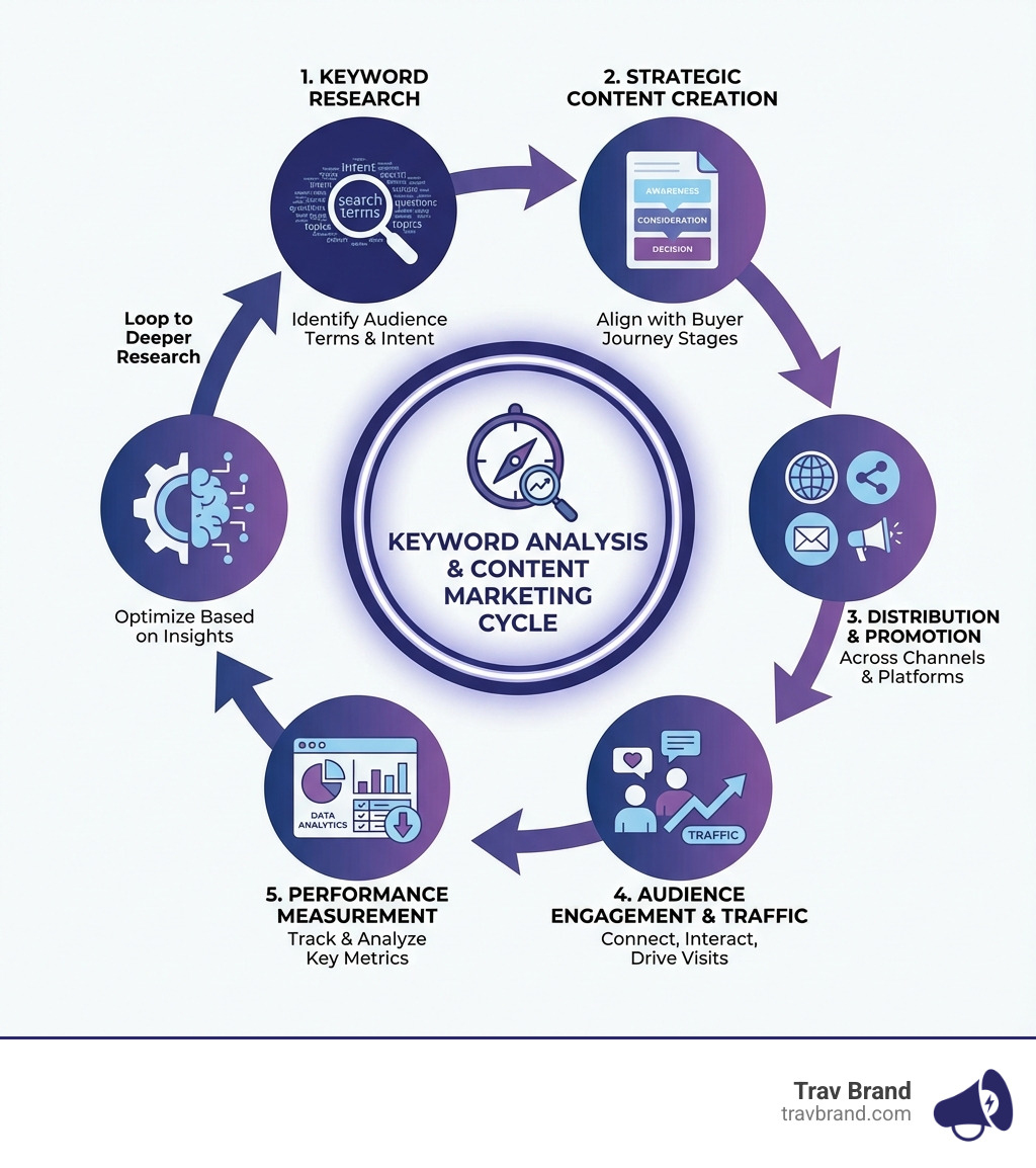 Infographic showing the keyword analysis and content marketing cycle: Starting with keyword research to identify audience search terms and intent, flowing to strategic content creation aligned with buyer journey stages, leading to content distribution and promotion across channels, resulting in audience engagement and traffic, then measuring performance through analytics, and finally refining strategy based on data insights, which loops back to deeper keyword research - keyword analysis and content marketing infographic 