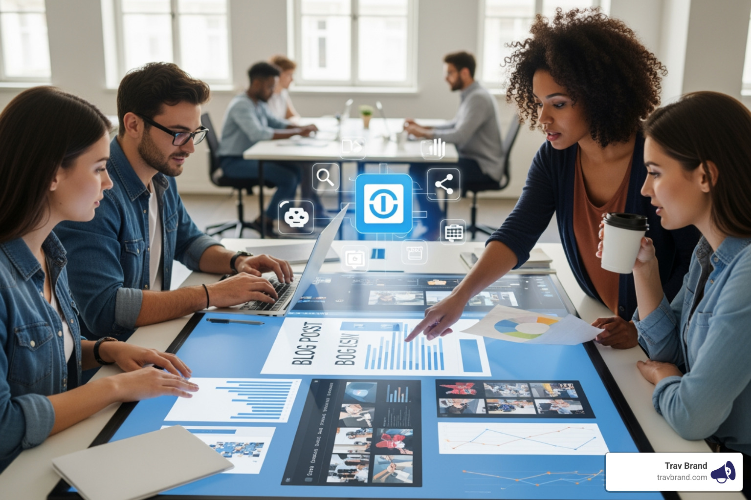 showcasing different content formats like a blog post, an infographic, and a video thumbnail - web content marketing services