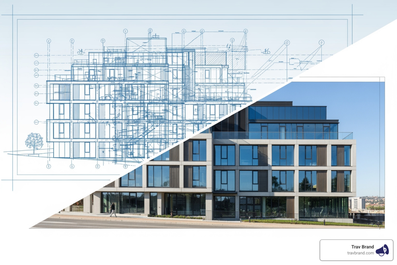 of a blueprint turning into a finished building, symbolizing brand creation - brand development services of a blueprint turning into a finished building, symbolizing brand creation - brand development services