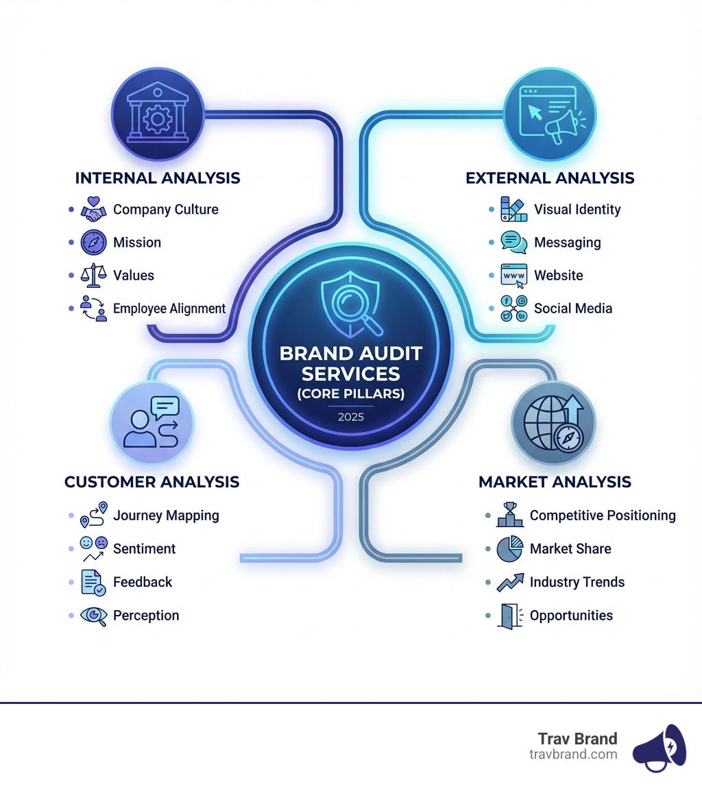 Infographic showing the four core pillars of brand audit services: Internal Analysis (company culture, mission, values, employee alignment), External Analysis (visual identity, messaging, website, social media), Customer Analysis (journey mapping, sentiment, feedback, perception), and Market Analysis (competitive positioning, market share, industry trends, opportunities) - brand audit services infographic Infographic showing the four core pillars of brand audit services: Internal Analysis (company culture, mission, values, employee alignment), External Analysis (visual identity, messaging, website, social media), Customer Analysis (journey mapping, sentiment, feedback, perception), and Market Analysis (competitive positioning, market share, industry trends, opportunities) - brand audit services infographic