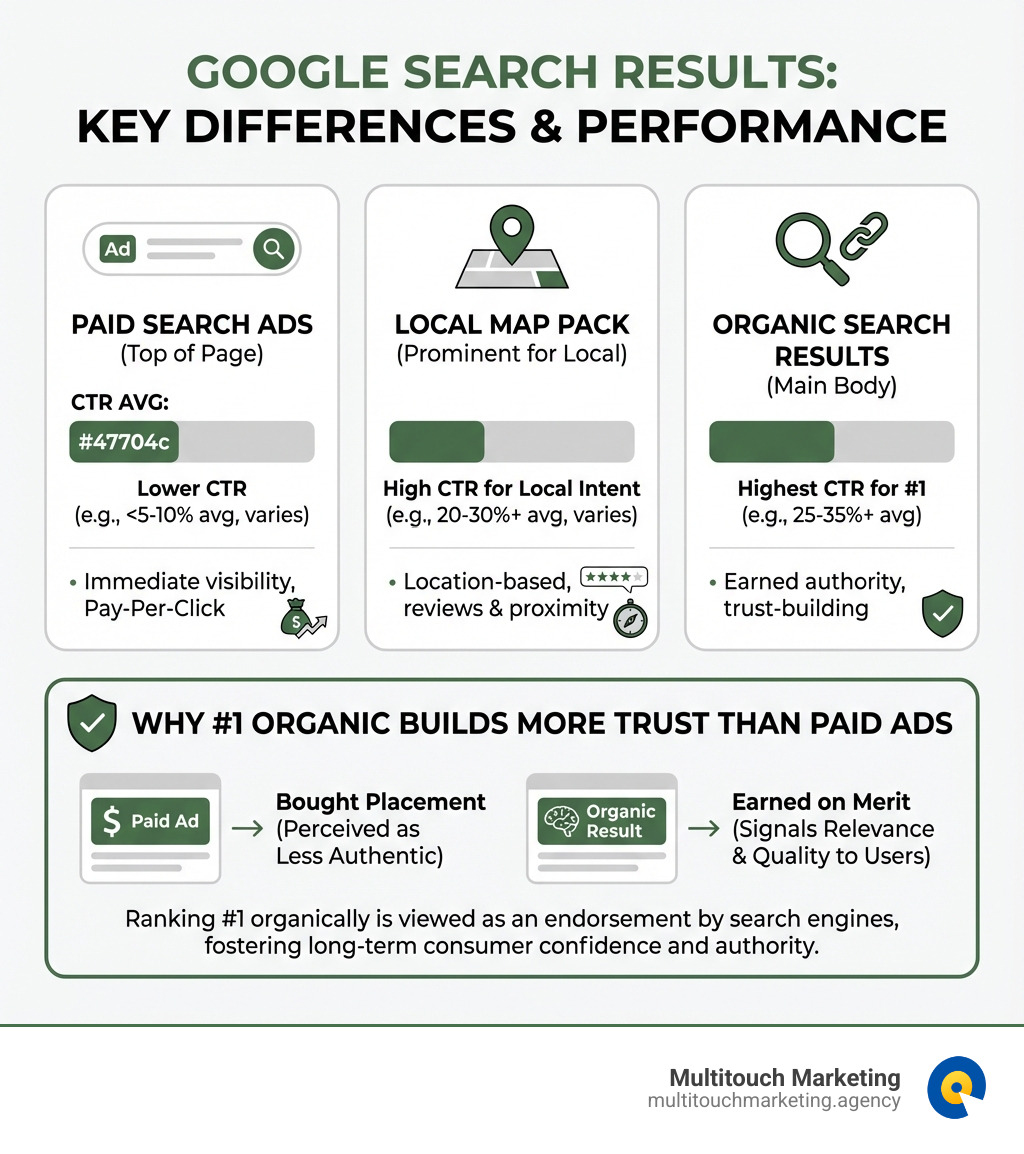 Infographic showing the key differences between organic search results, paid search ads, and the local map pack in Google search results, including average click-through rates for each position and why ranking #1 in organic results builds more trust than paid ads - seo company in raleigh north carolina infographic Infographic showing the key differences between organic search results, paid search ads, and the local map pack in Google search results, including average click-through rates for each position and why ranking #1 in organic results builds more trust than paid ads - seo company in raleigh north carolina infographic