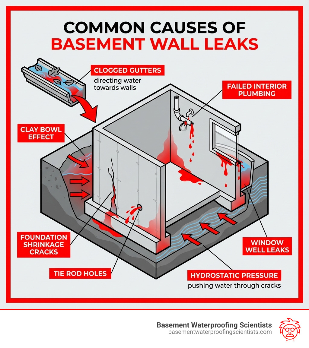 infographic explaining common causes of basement wall leaks including hydrostatic pressure pushing water through cracks, the clay bowl effect trapping water around foundations, clogged gutters directing water toward walls, foundation shrinkage cracks, tie rod holes, window well leaks, and failed interior plumbing - basement wall leak repair infographic 