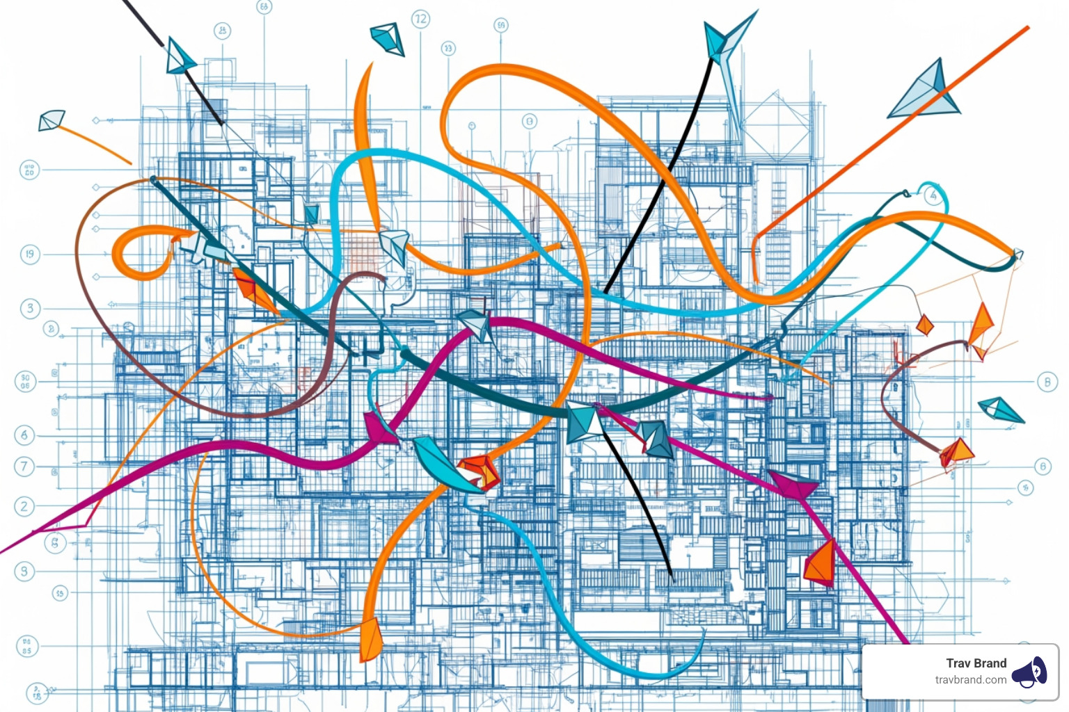 A detailed blueprint of a complex building, overlaid with abstract elements representing creativity and strategy - brand positioning services A detailed blueprint of a complex building, overlaid with abstract elements representing creativity and strategy - brand positioning services