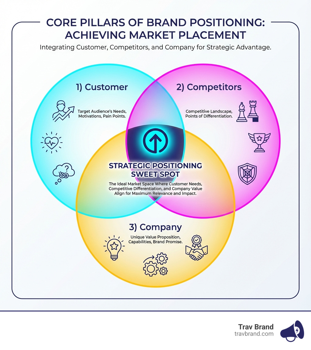 Infographic showing the three core pillars of brand positioning: 1) Customer (your target audience's needs, motivations, and pain points), 2) Competitors (your competitive landscape and points of differentiation), and 3) Company (your unique value proposition, capabilities, and brand promise). The center shows these three circles overlapping to create your strategic positioning sweet spot. - brand positioning services infographic Infographic showing the three core pillars of brand positioning: 1) Customer (your target audience's needs, motivations, and pain points), 2) Competitors (your competitive landscape and points of differentiation), and 3) Company (your unique value proposition, capabilities, and brand promise). The center shows these three circles overlapping to create your strategic positioning sweet spot. - brand positioning services infographic