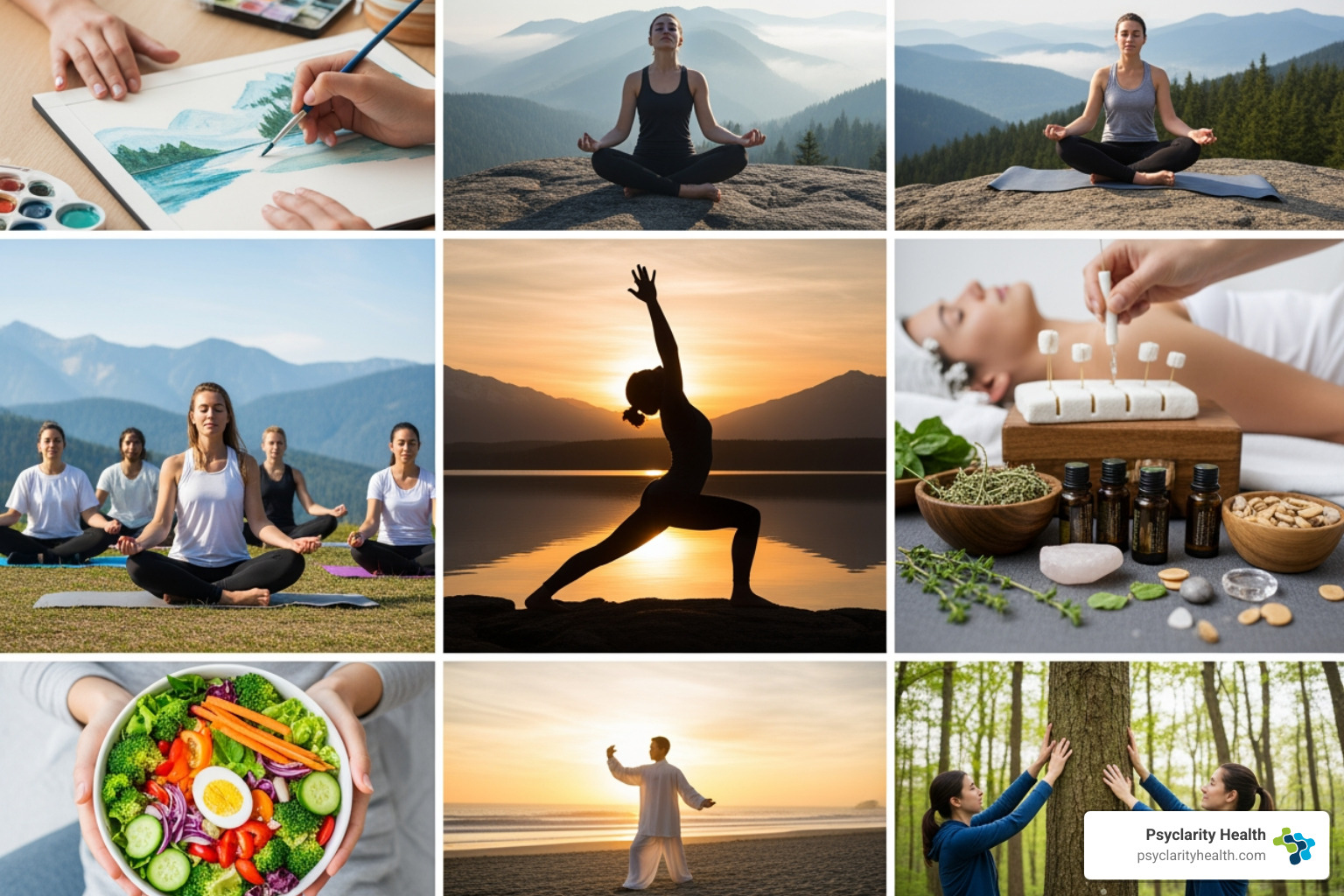 Collage of different holistic activities like yoga, art, and nature - holistic recovery methods