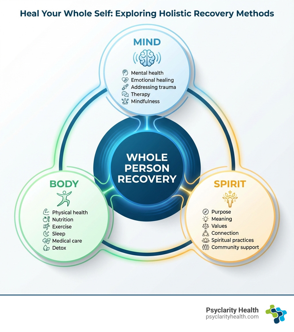 Infographic showing three interconnected circles labeled Mind, Body, and Spirit, with the Mind circle containing "Mental health, emotional healing, addressing trauma, therapy, mindfulness", the Body circle containing "Physical health, nutrition, exercise, sleep, medical care, detox", and the Spirit circle containing "Purpose, meaning, values, connection, spiritual practices, community support", all surrounding a center circle labeled "Whole Person Recovery" - holistic recovery methods infographic 