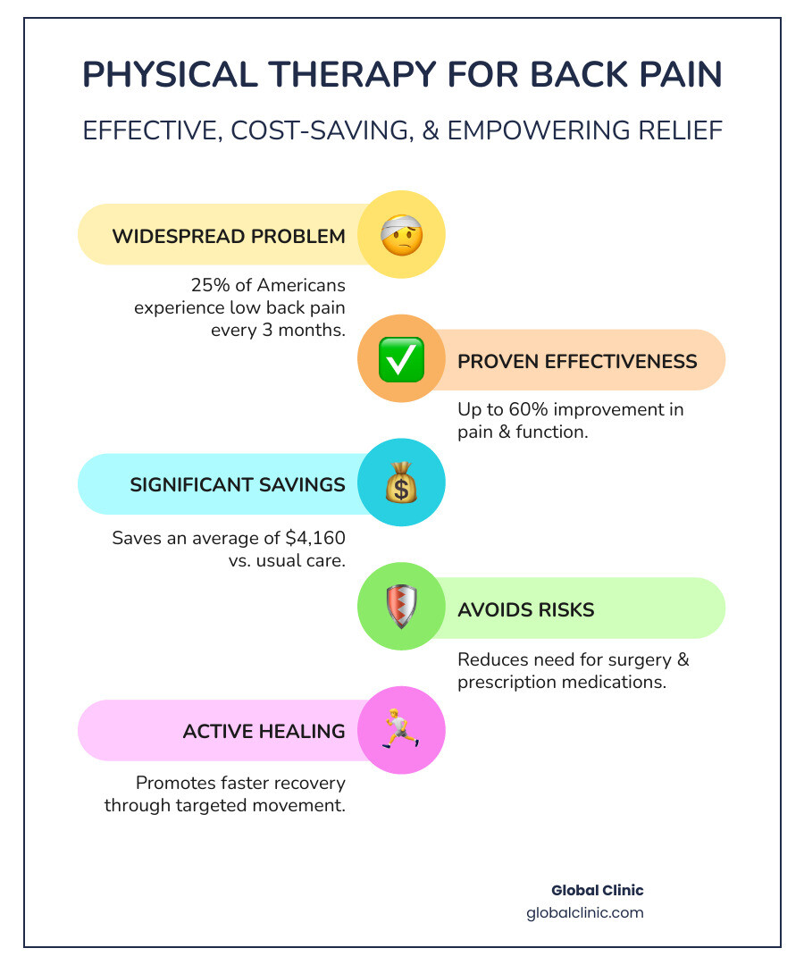 infographic showing back pain statistics and physical therapy effectiveness - physical therapy back infographic infographic-line-5-steps-colors
